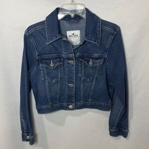 Hollister Women's Dark Blue Cropped Fitted Jean Jacket Size Small